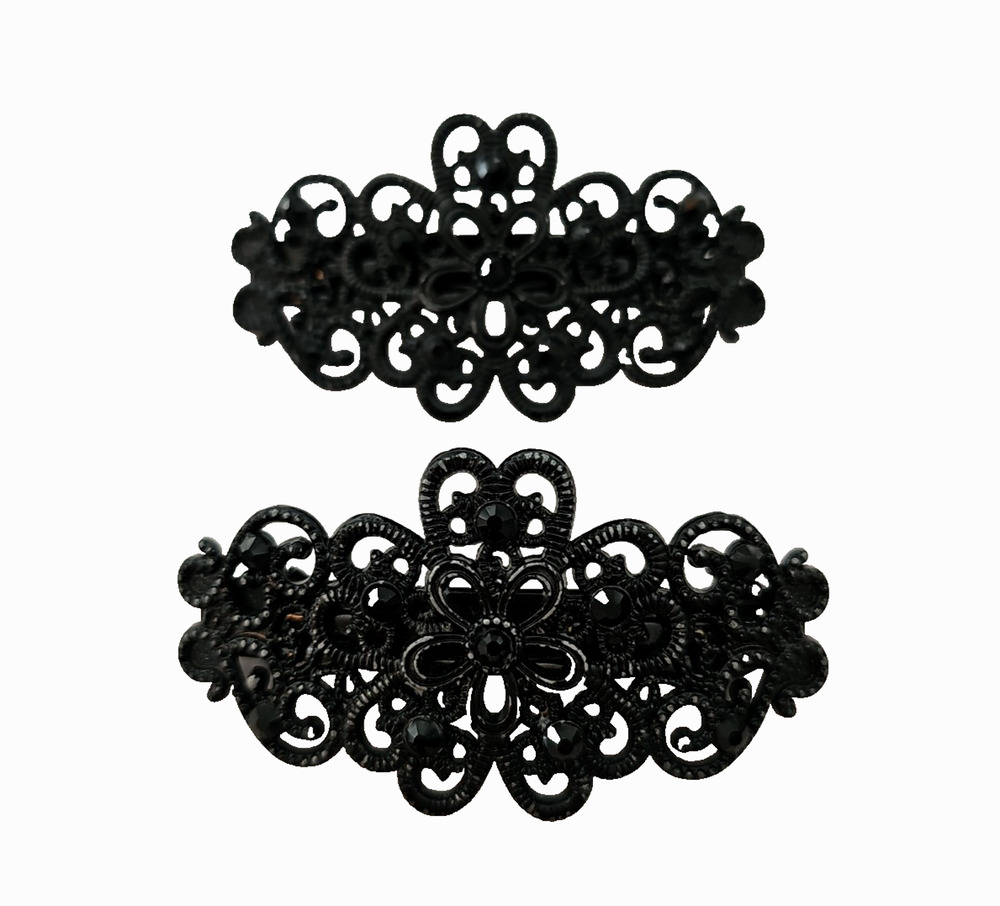 Vintage Set Of Two Black Heavy Duty Hairclips With Rhinestones Barrett 3"x 1.75"